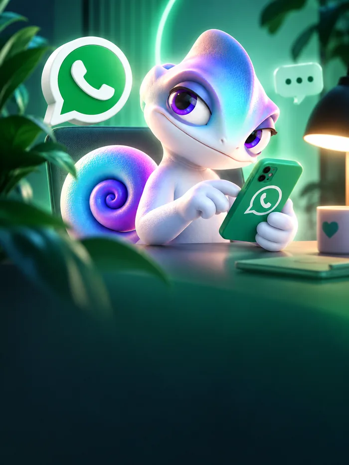 Camaleão da Doulie sentado a uma mesa, respondendo mensagens no WhatsApp.